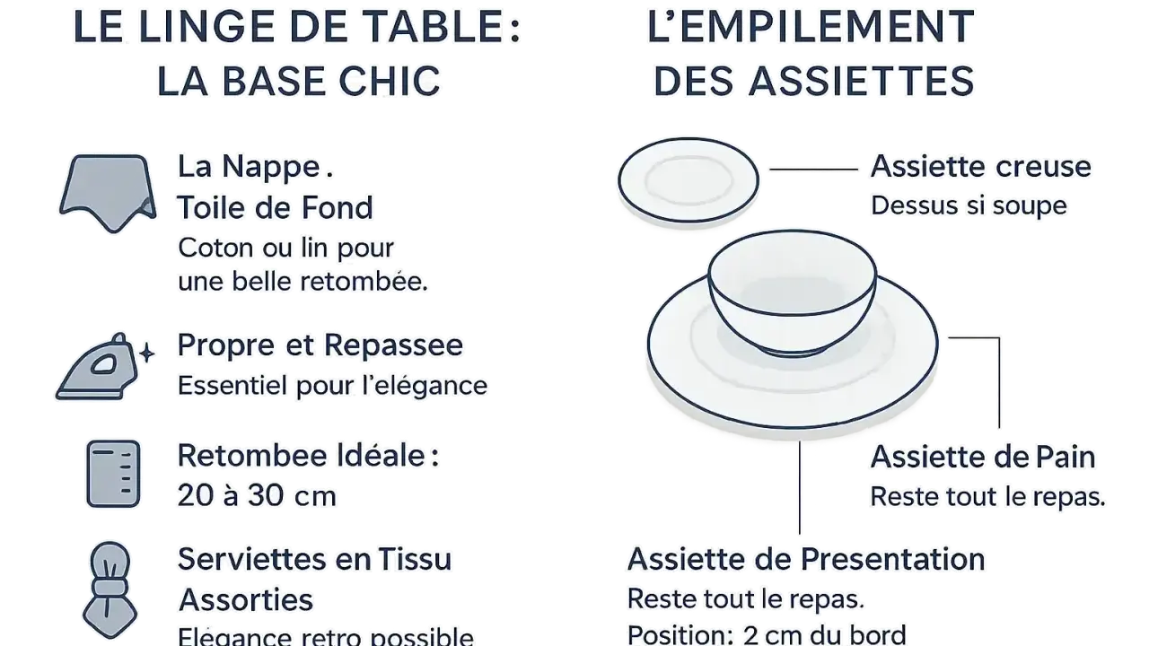 L'art de la table en France : conseils pour la nappe, les serviettes et l'empilement des assiettes pour une présentation élégante.