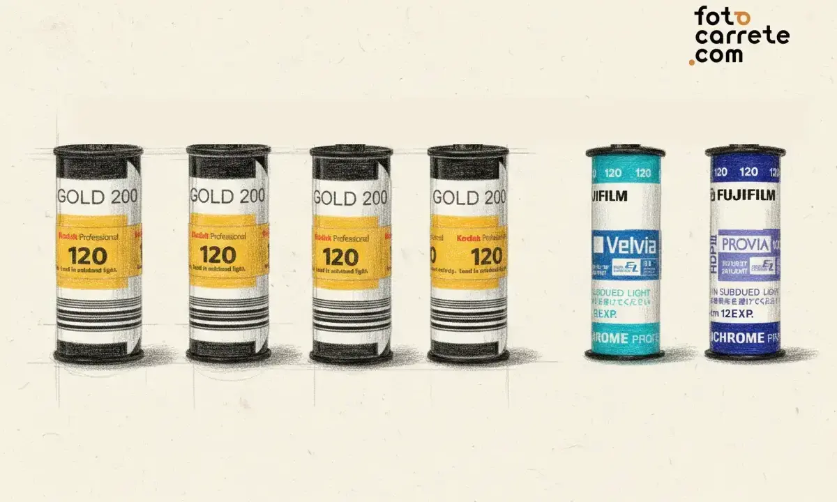 Seis carretes de película fotográfica: tres Kodak Gold 200, dos Fujifilm Velvia y Provia. Cada uno indica 120 y cuántas fotos tiene un carrete.