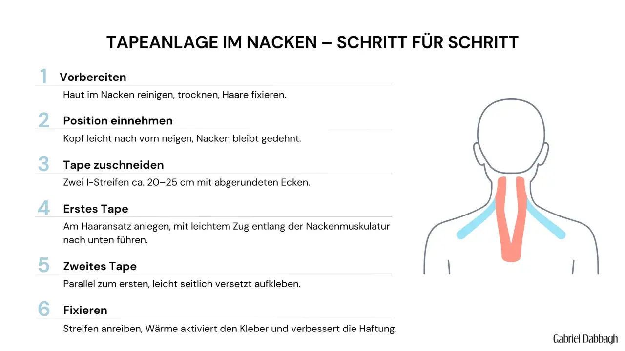 Anleitung zur Tapeanlage im Nacken. Hilft bei nackenschmerzen schnell. Schritt-für-Schritt-Anleitung mit Illustration.