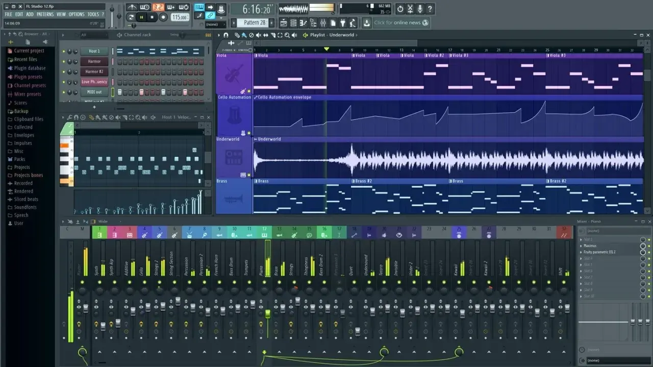 Interface d'un logiciel MIDI montrant une piste de violon, une piste de violoncelle et des pistes de cuivres avec des notes et des automations.