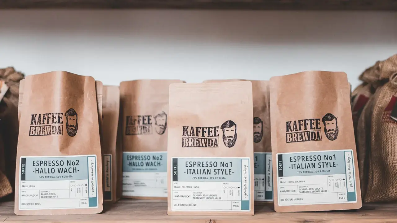 Kaffee-Tüten mit der Aufschrift "Espresso No1 - Italian Style" und "Espresso No2 - Hallo Wach". Perfekt für deinen Espresso Macchiato!
