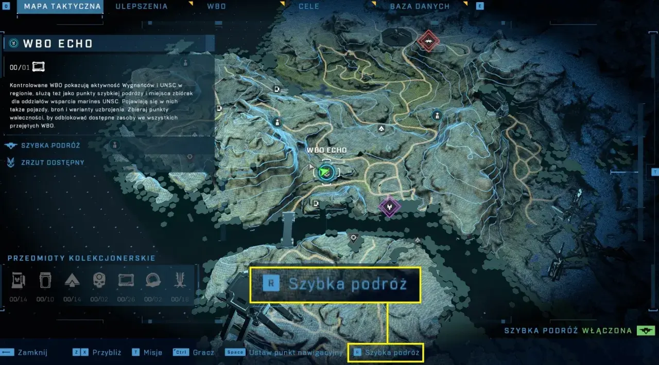Mapa taktyczna z gry halo, pokazuje punkty WBO i opcję szybkiej podróży.