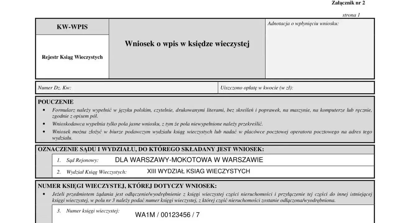 Formularz wniosku o wpis do księgi wieczystej. Wniosek dotyczy wykreślenia z księgi wieczystej nieruchomości.