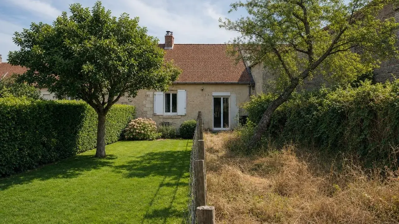 Maison avec jardin bien entretenu, symbolisant l'obligation d'entretien jardin propriétaire. Pelouse verte, haie taillée, arbre fruitier.