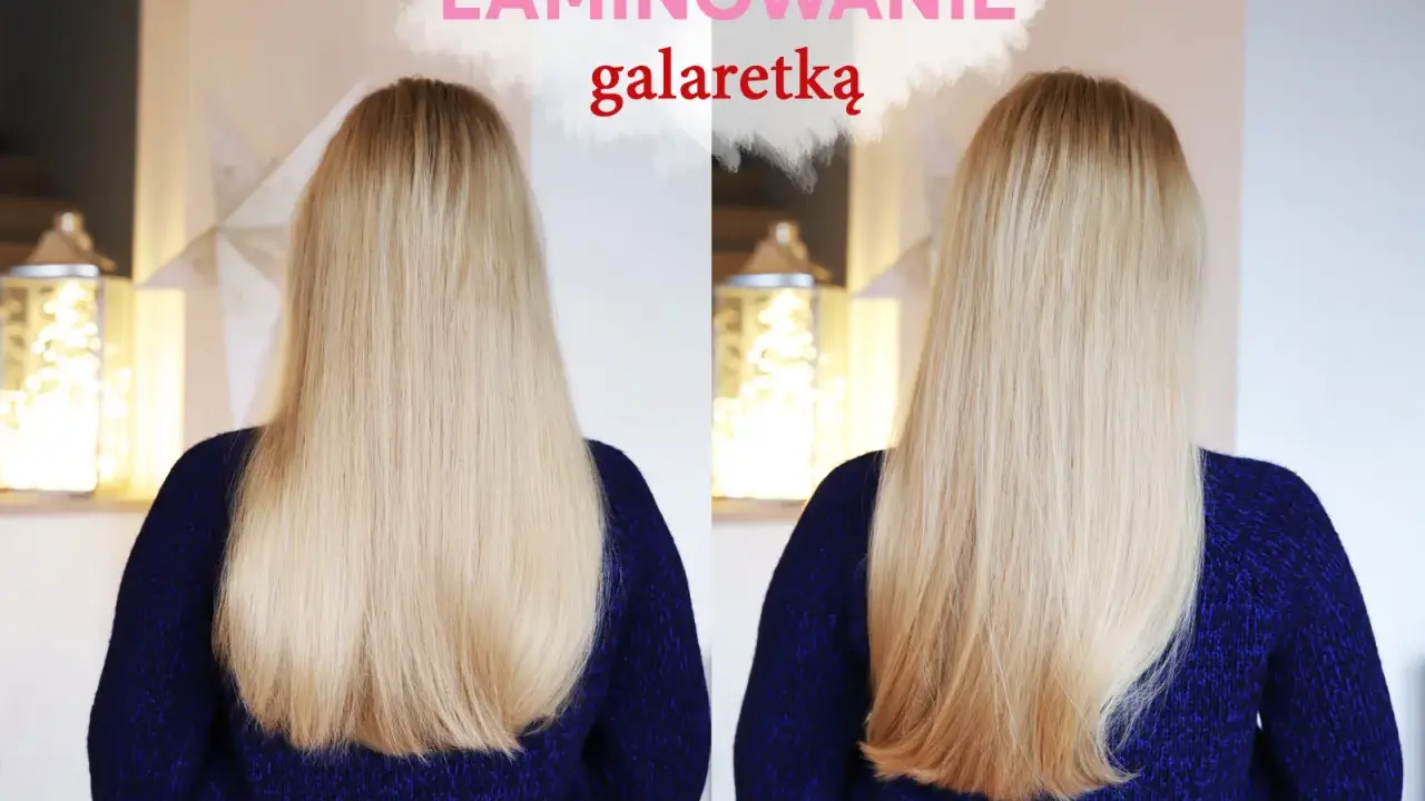 Efekt lśniących włosów po laminowaniu galaretką. Dwa ujęcia tej samej blond fryzury, porównanie przed i po zabiegu.