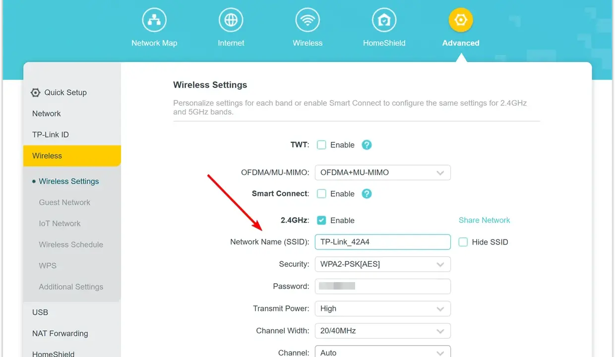 Wo finde ich die SSID? Im Menü "Wireless Settings" unter "Network Name (SSID)" steht "TP-Link_42A4".