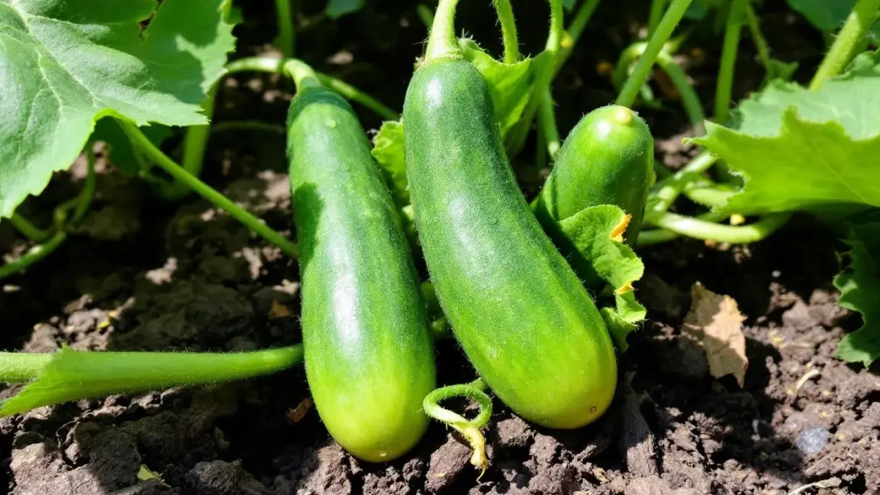 Trois concombres verts poussent sur un pied de concombre, entourés de feuilles luxuriantes et de terre sombre.