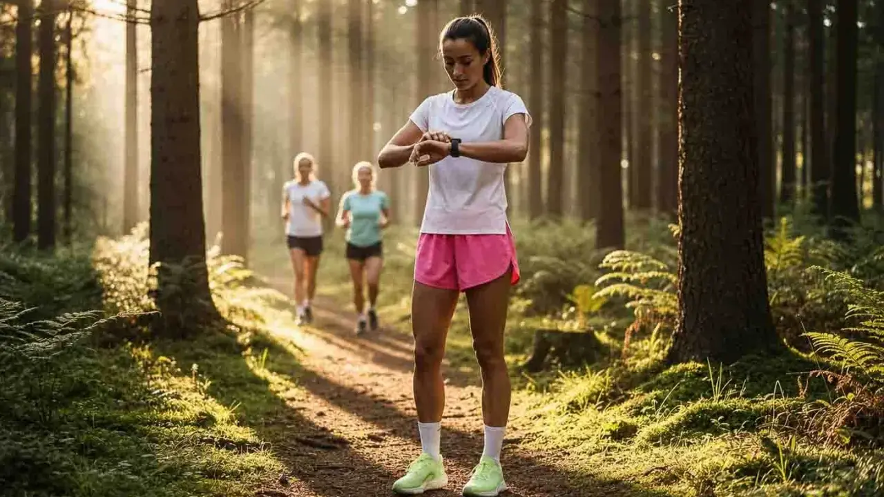 Frauen joggen im Wald und prüfen ihre Smartwatch, um zu sehen, wie oft sie in der Woche joggen.