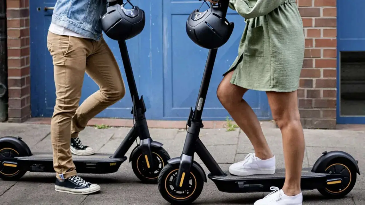 Apprenez comment utiliser une trottinette électrique pour vos déplacements urbains. Deux personnes se tiennent prêtes à partir.