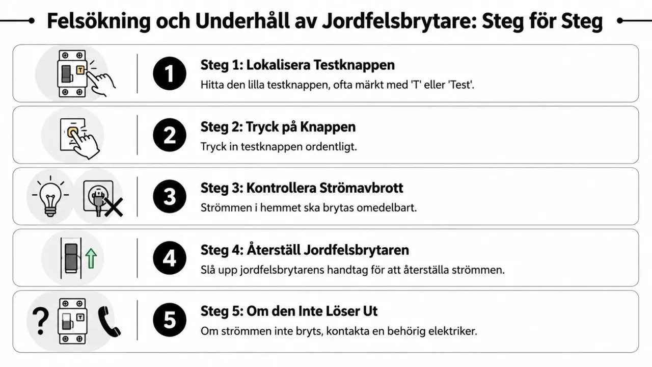 Steg-för-steg-guide för att felsöka en jordfelsbrytare. Visar hur man testar om jordfelsbrytare är av eller på.