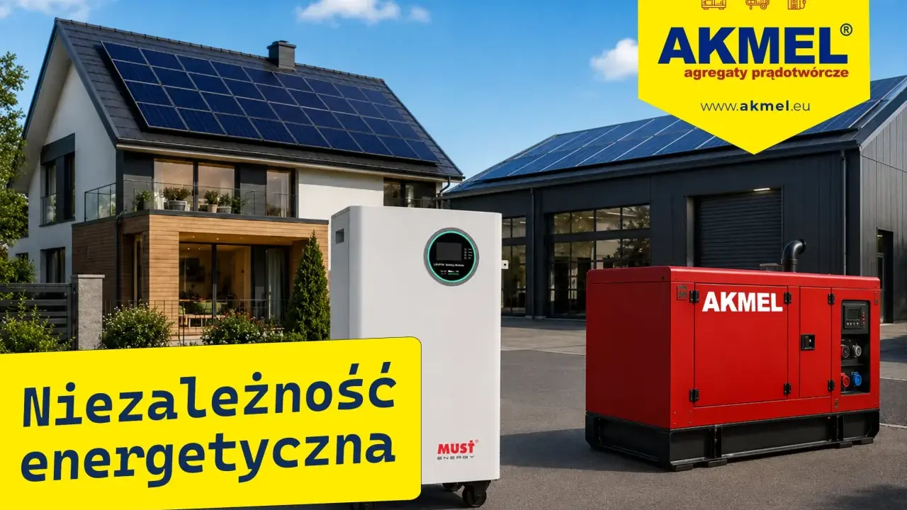 Dom z panelami słonecznymi, biały magazyn energii i czerwony agregat prądotwórczy AKMEL. Dowiedz się, jak wytworzyć prąd i osiągnąć niezależność energetyczną.