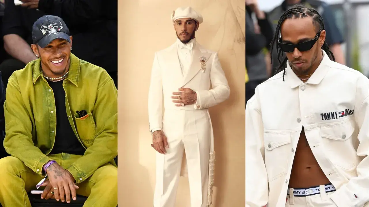 Lewis Hamilton showcases his bold Lewis Hamilton fashion sense in three distinct looks: a vibrant lime green outfit, a sharp cream suit with a beret, and a casual cream jacket with sunglasses.