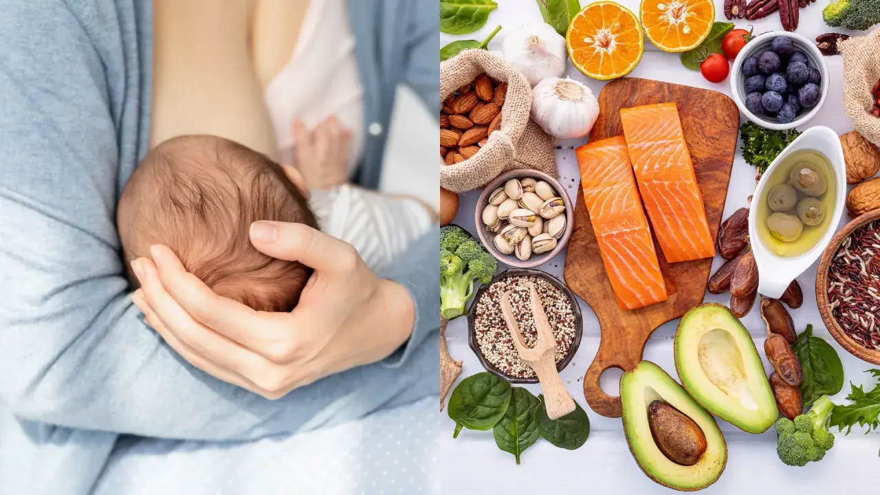 Nutricionista embarazo: lactancia y alimentos saludables como salmón, aguacate, frutos secos y verduras.