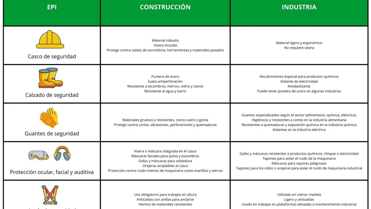 Tabla comparativa de equipos de protección individual (EPI) para construcción e industria: cascos, calzado, guantes, protección ocular/auditiva y arneses.