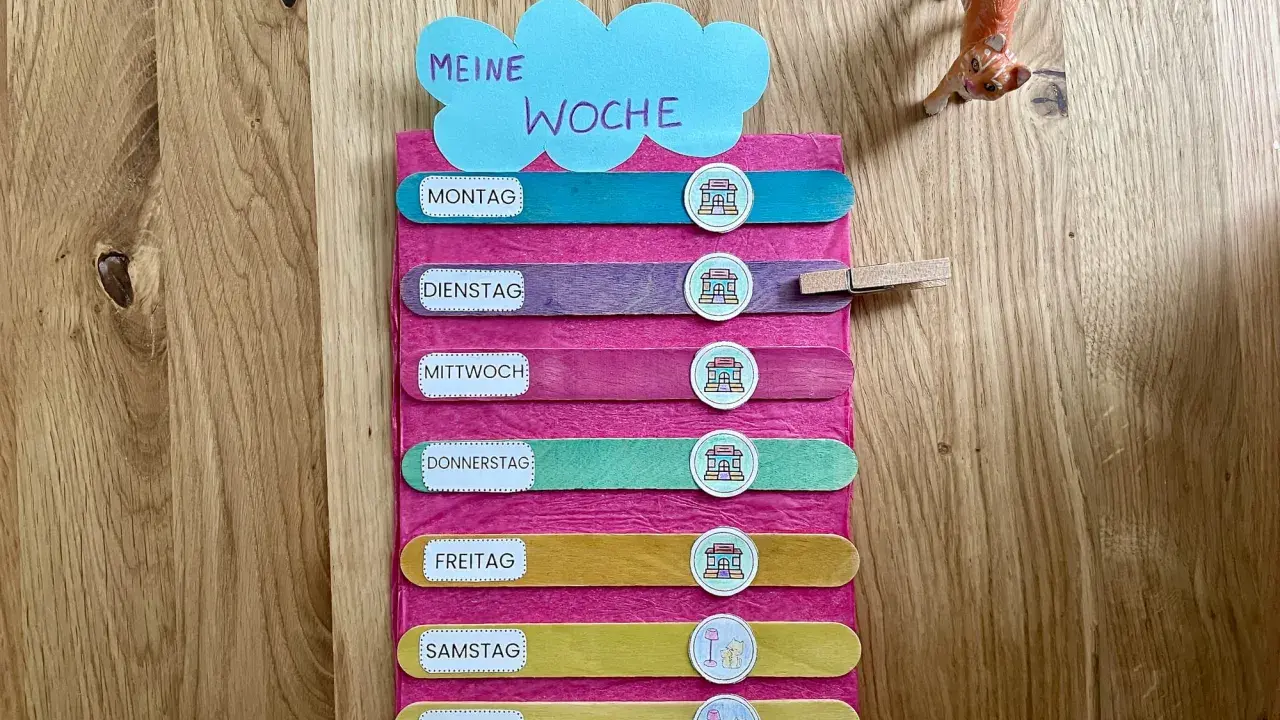 Montessori-Tafel zum Wochentage lernen. Bunte Holzstäbchen mit den Tagen der Woche und Symbolen.