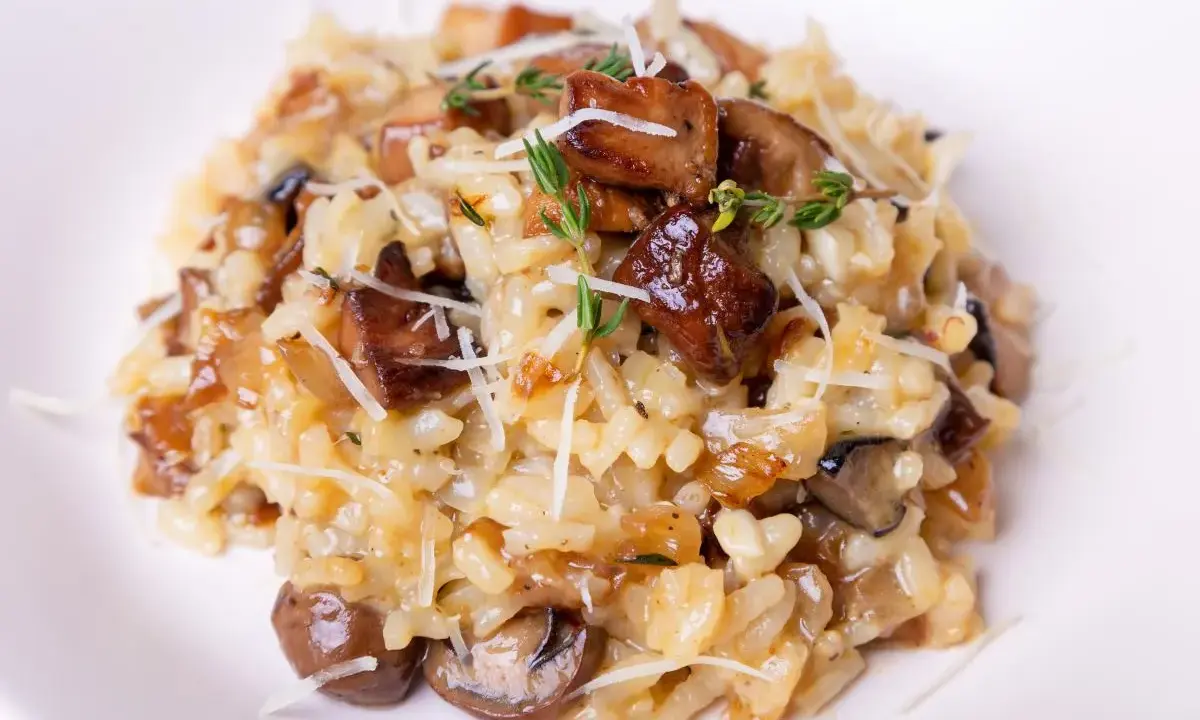 Aksamitne risotto z grzybami, posypane parmezanem i gałązkami tymianku, kusi apetycznym wyglądem.