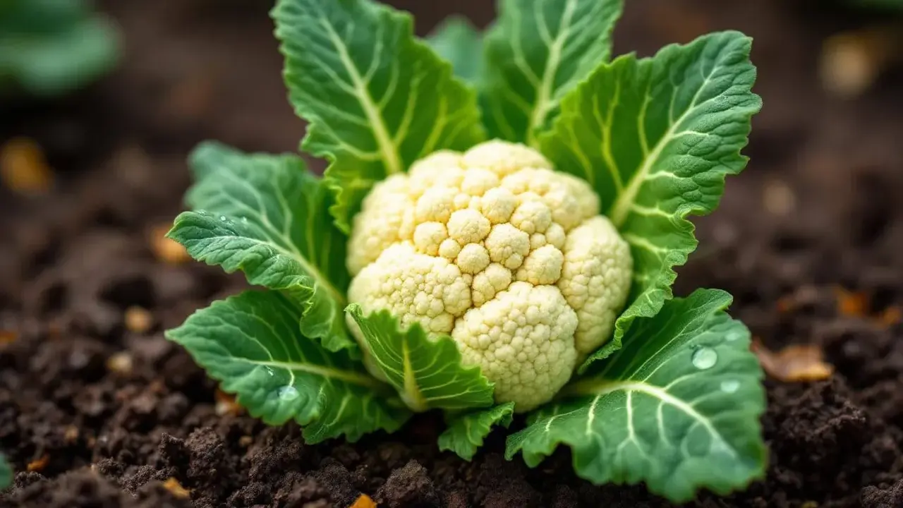 Un chou-fleur blanc et frais, prêt à être récolté, pousse dans la terre. La saison du chou-fleur est là !