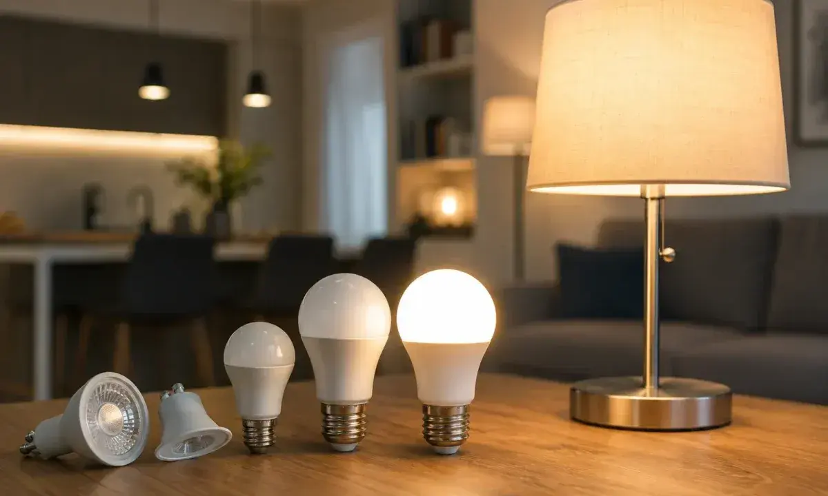 Różne żarówki LED na drewnianym stole. Czy 3000 lumenów to dużo? Obok stoi zapalona lampka stołowa.
