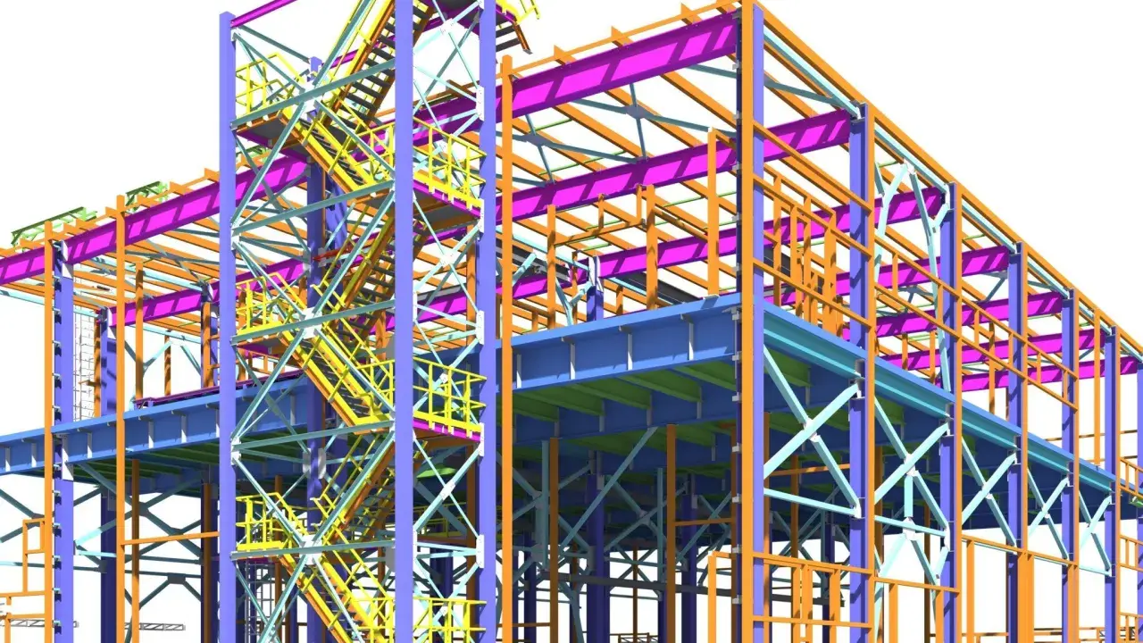 Estructura metálica tridimensional, mostrando la complejidad de la ingeniería estructural con vigas, columnas y escaleras de acceso en diversos colores.