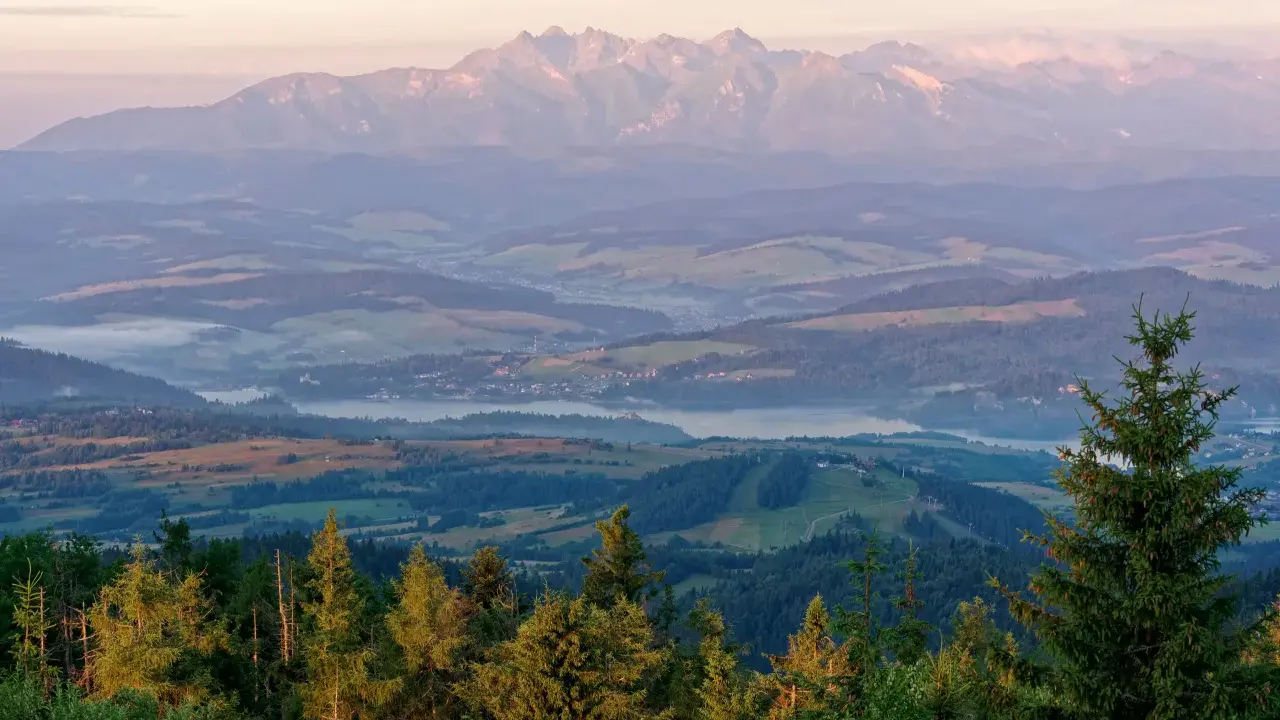 Widok na Tatry o wschodzie słońca. Mgły unoszą się nad doliną, a lasy i pola tworzą malowniczy krajobraz. W oddali widać **gorc** szczytów.