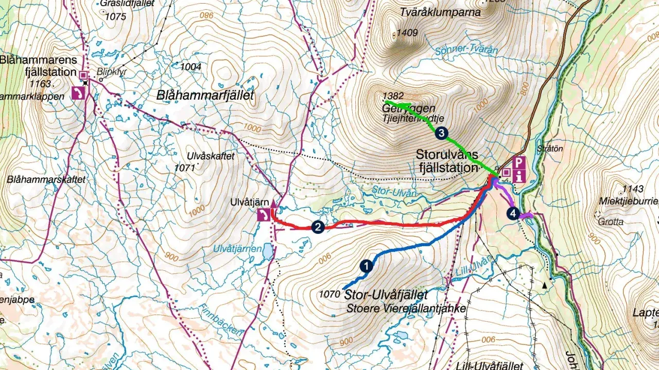 Karta över vandringsleder runt Storulvån. Markerade leder i rött, blått och grönt visar olika vandringssträckor.