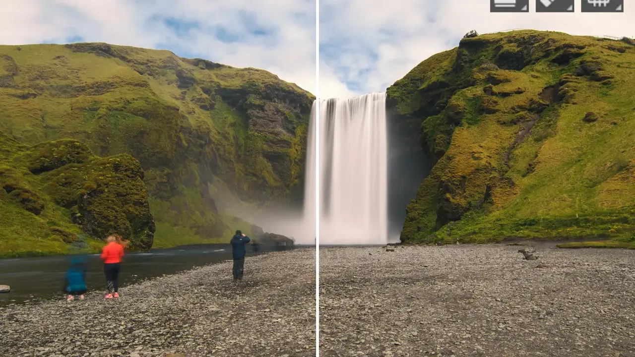 Cascada islandesa con efecto seda, como si se hubiera usado un **tampon de clonar** para suavizar el agua.