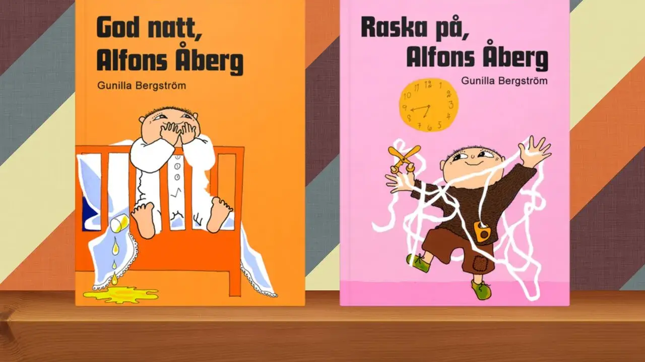 Två böcker av Gunilla Bergström: "God natt, Alfons Åberg" med en ledsen Alfons i sängen och "Raska på, Alfons Åberg" med en busig Alfons som klipper trådar.
