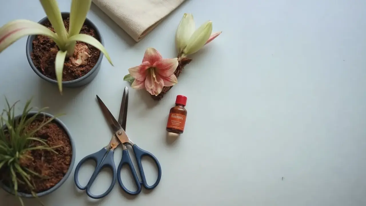 Förberedelser för att spara amaryllis: en blomma, en knopp, en kruka med växt, en liten flaska och en sax ligger på en ljus yta.