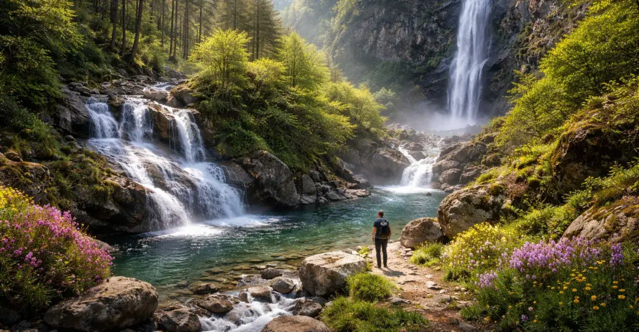 Un escursionista ammira la maestosità delle cascate in Calabria, immerse in un bosco rigoglioso e fiorito.