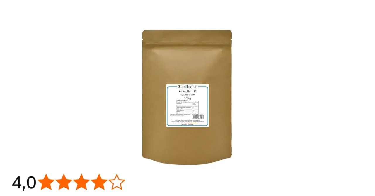 Braune Verpackung mit 100g Acesulfam K Süßstoff E 950. Nährwertangaben sind auf dem Etikett sichtbar.