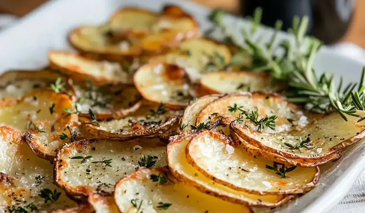 Krispiga, tunna skivor av rosmarin potatis toppade med örter och havssalt. Perfekt tillbehör!