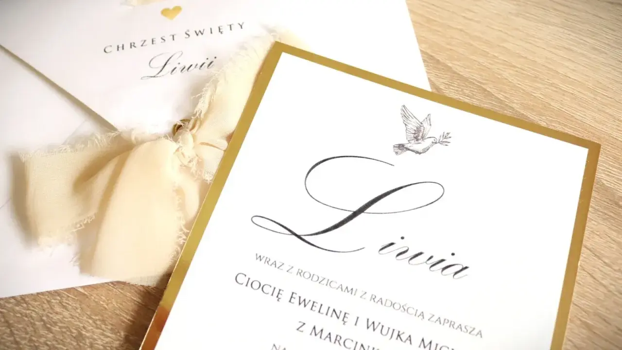 Eleganckie zaproszenie na chrzest święty dla Liwii. Złota ramka i gołąbek symbolizują uroczystość. Wzór jak wypisać zaproszenie na chrzest.