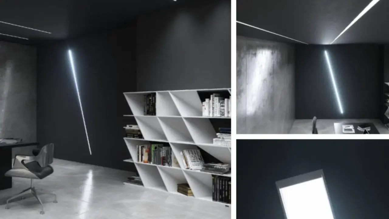 Nowoczesne wnętrze z listwą LED natynkową na suficie i ścianie. Minimalistyczny design, biurko, krzesło i regał z książkami.