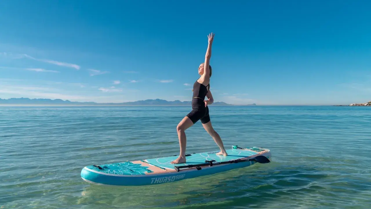 Kvinna utövar sup yoga på en paddleboard i lugnt vatten med berg i bakgrunden.