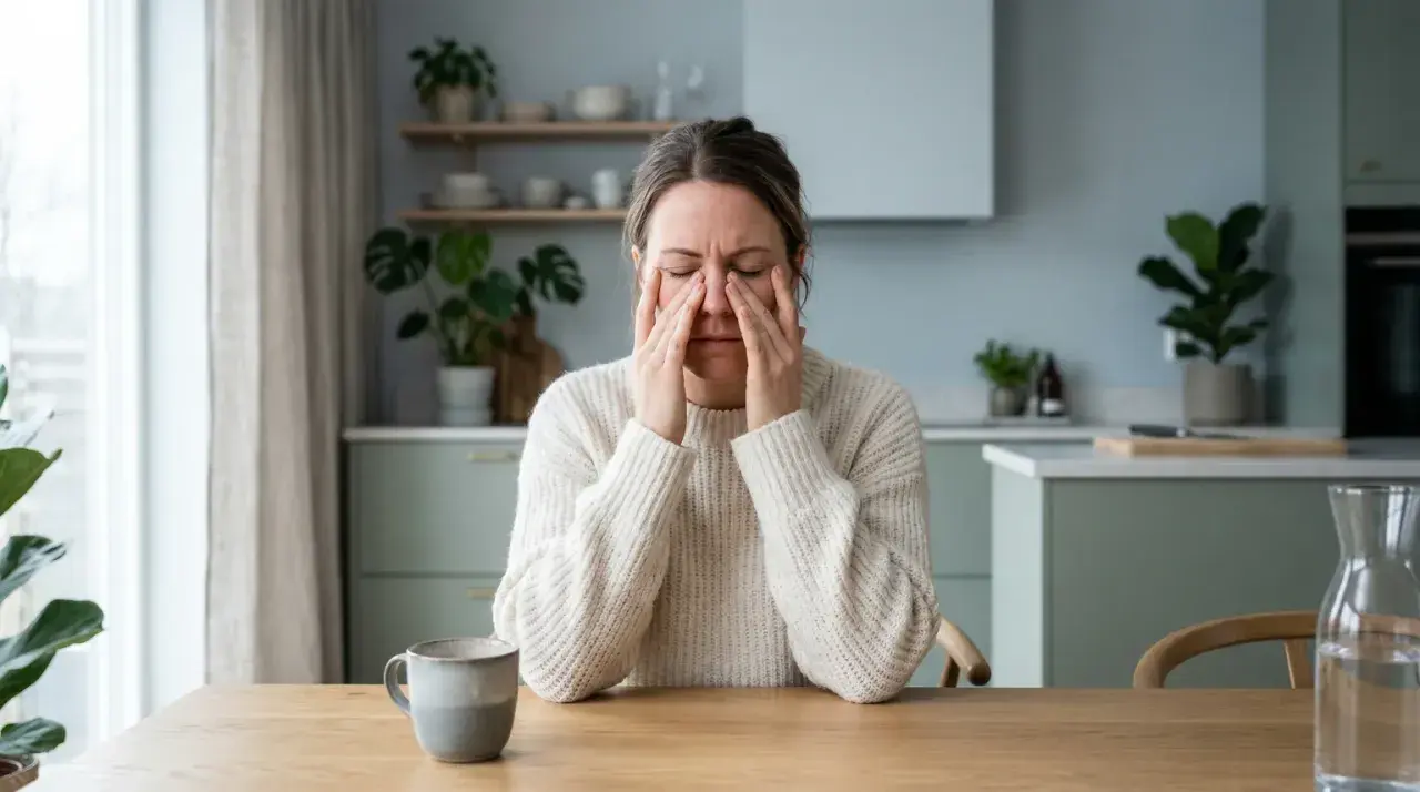 Kvinna med händerna mot ansiktet, troligen på grund av bihåleinflammation. Hon sitter vid ett träbord med en mugg och en karaff med vatten.