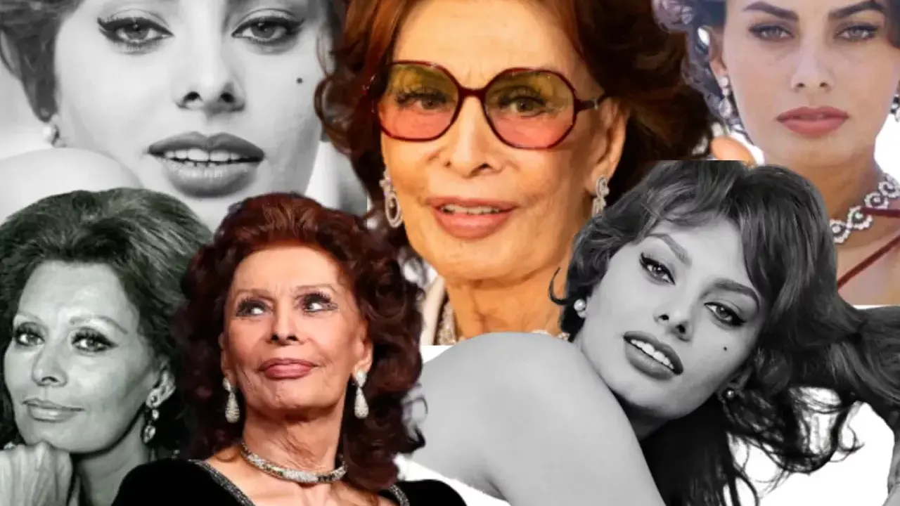 Collage de imágenes de Sophia Loren en diferentes etapas de su vida, mostrando su icónica belleza y estilo.