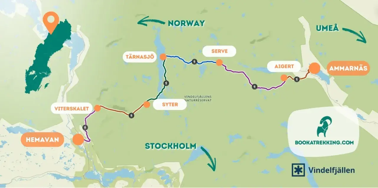 Karta över kungsleden etapper från Hemavan till Ammarnäs, med platser som Viterkalet, Syter, Tärnasjö, Serve och Aigert.