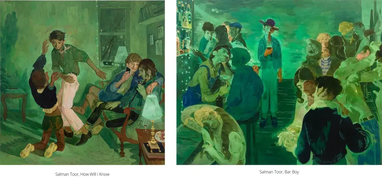 Salman Toor's red chip art depicts intimate scenes of young men in dimly lit interiors and a lively bar.