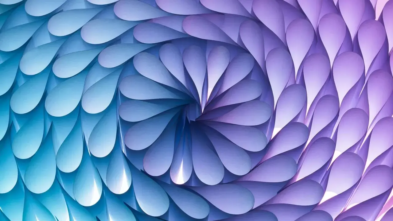 A mesmerizing spiral pattern in art, formed by overlapping teardrop shapes in shades of blue and purple, creating a sense of depth and movement.