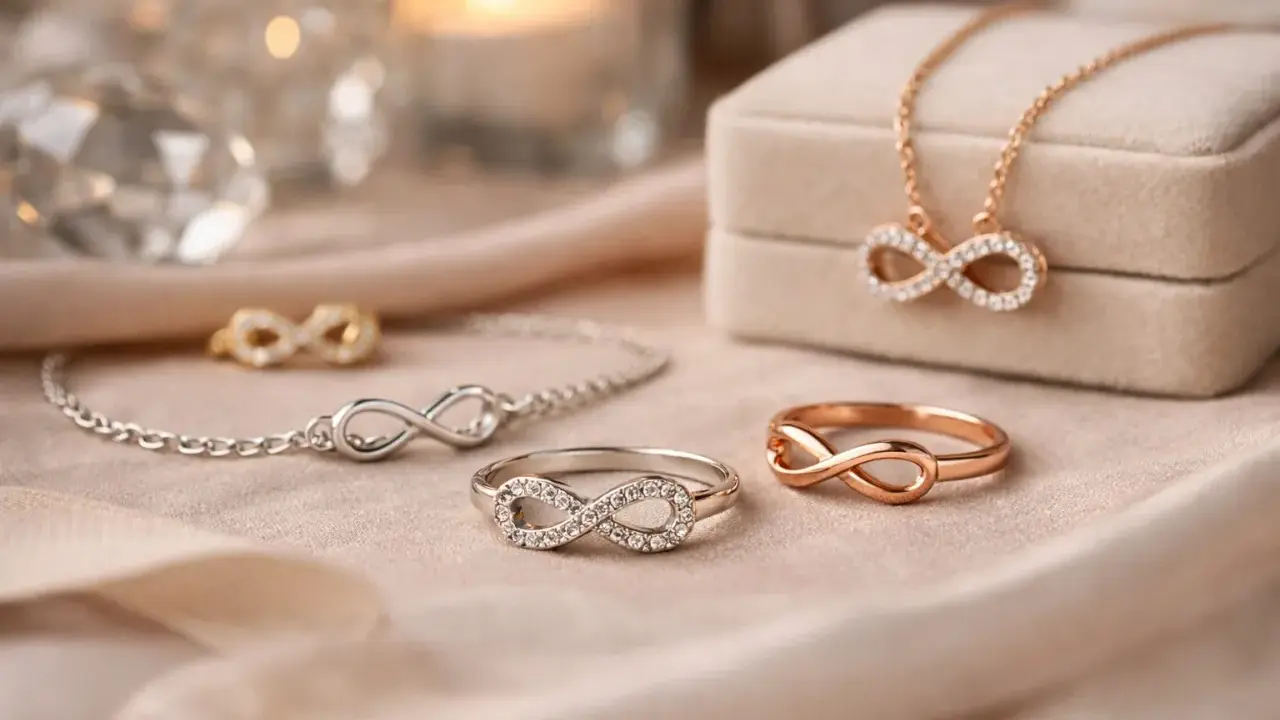 Gioielli scintillanti con il simbolo infinito: collana, bracciale e anelli in oro e argento, un eterno promemoria d'amore.