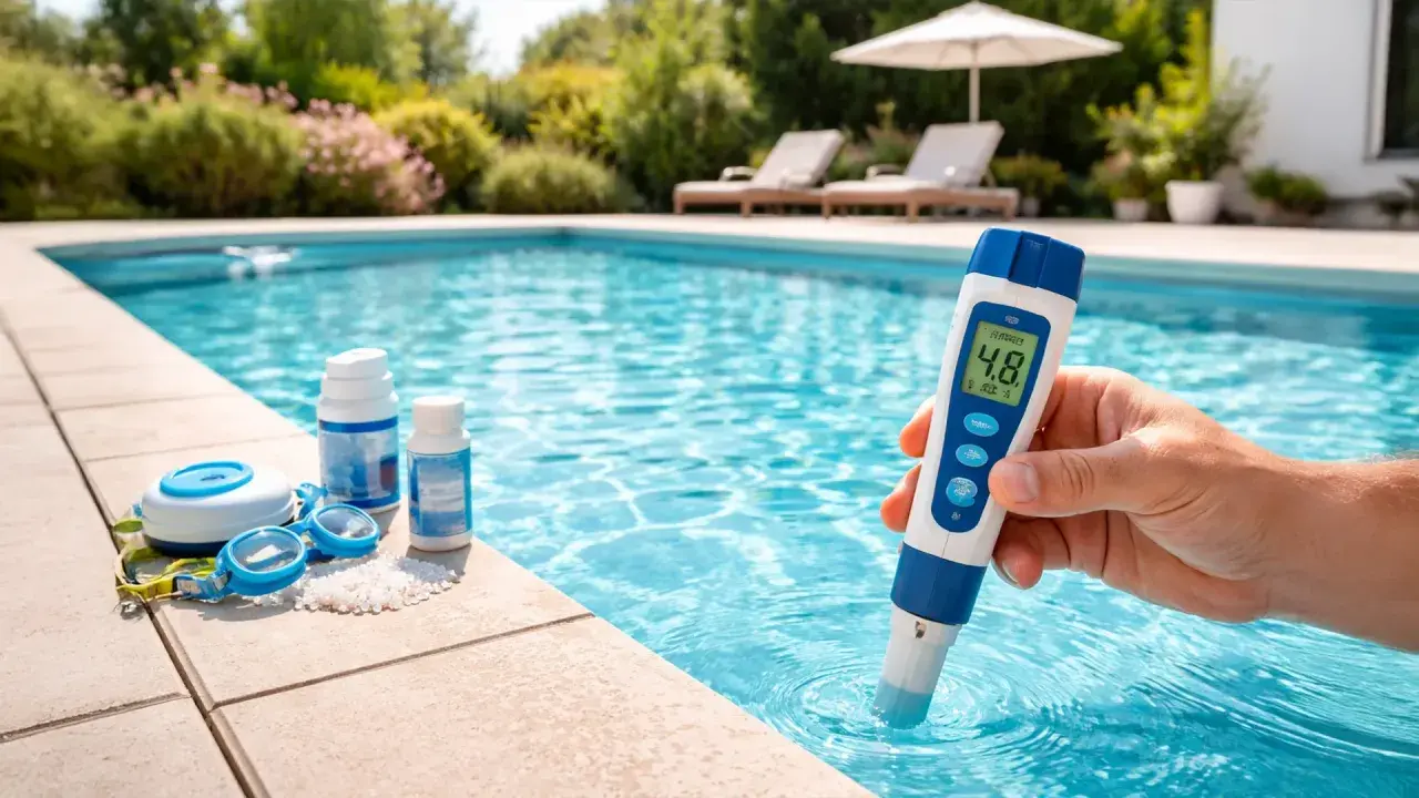 Persona mide el pH de una piscina salina con un medidor digital. Junto a la piscina, gafas y productos para su mantenimiento.