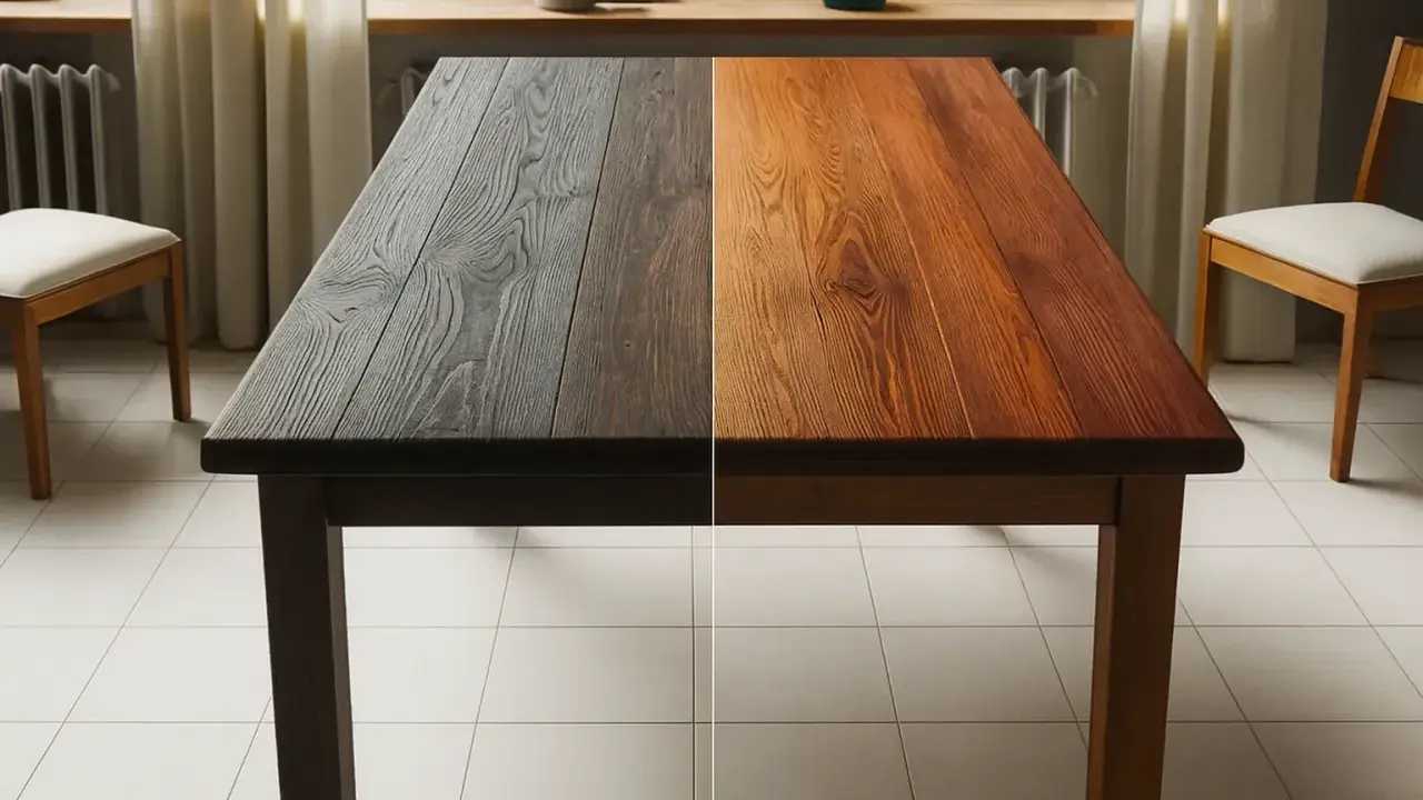 Table en bois divisée en deux : d'un côté, le bois est sombre et vieilli, de l'autre, il est éclairci et naturel. Avant après.
