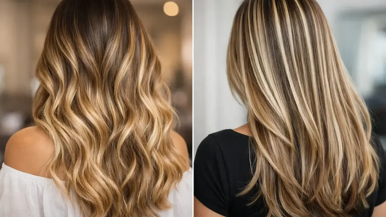 Dos estilos de cabello con reflejos rubios y miel. Uno con ondas suaves y el otro con capas más definidas.