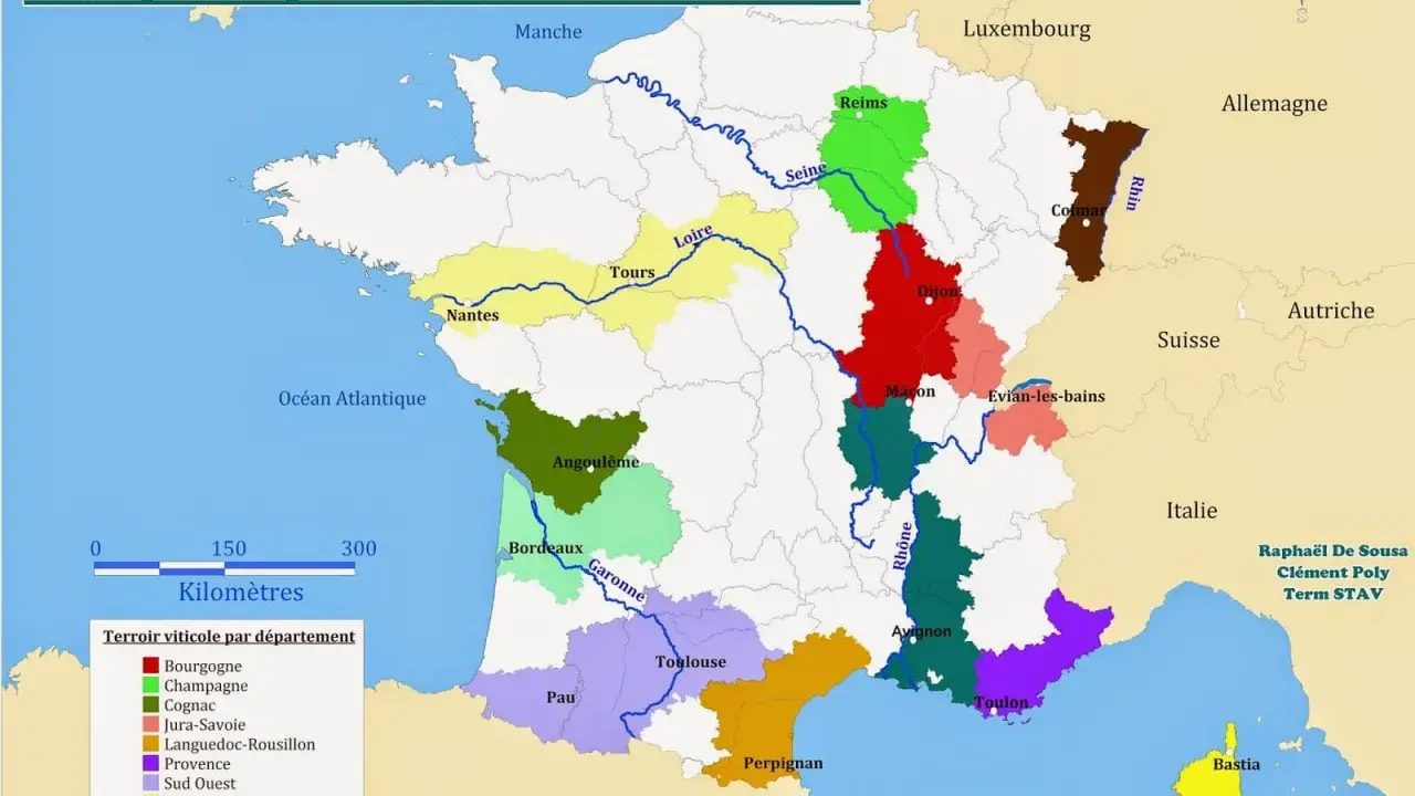 Carte des principaux départements viticoles de France, montrant les régions comme Bordeaux, Bourgogne, Champagne, et la Vallée du Rhône.