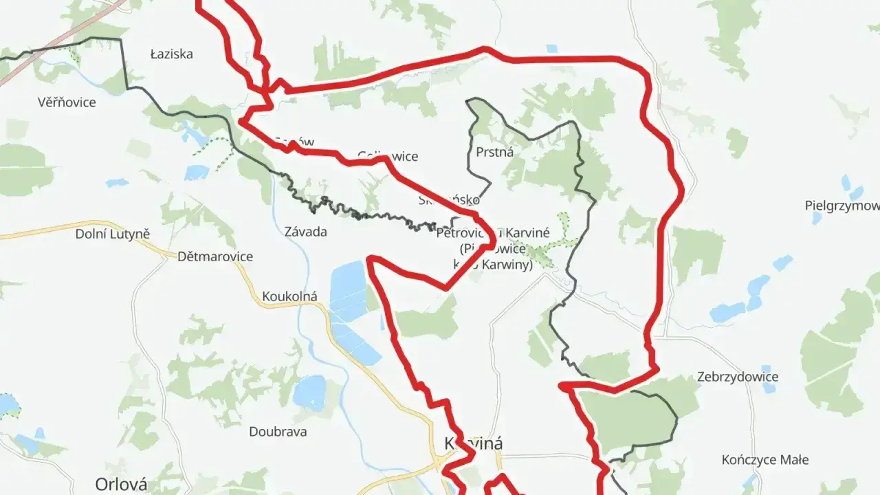 Mapa z zaznaczonymi trasami rowerowymi w Polsce, prowadzącymi przez tereny zielone i miejscowości takie jak Jastrzębie-Zdrój.