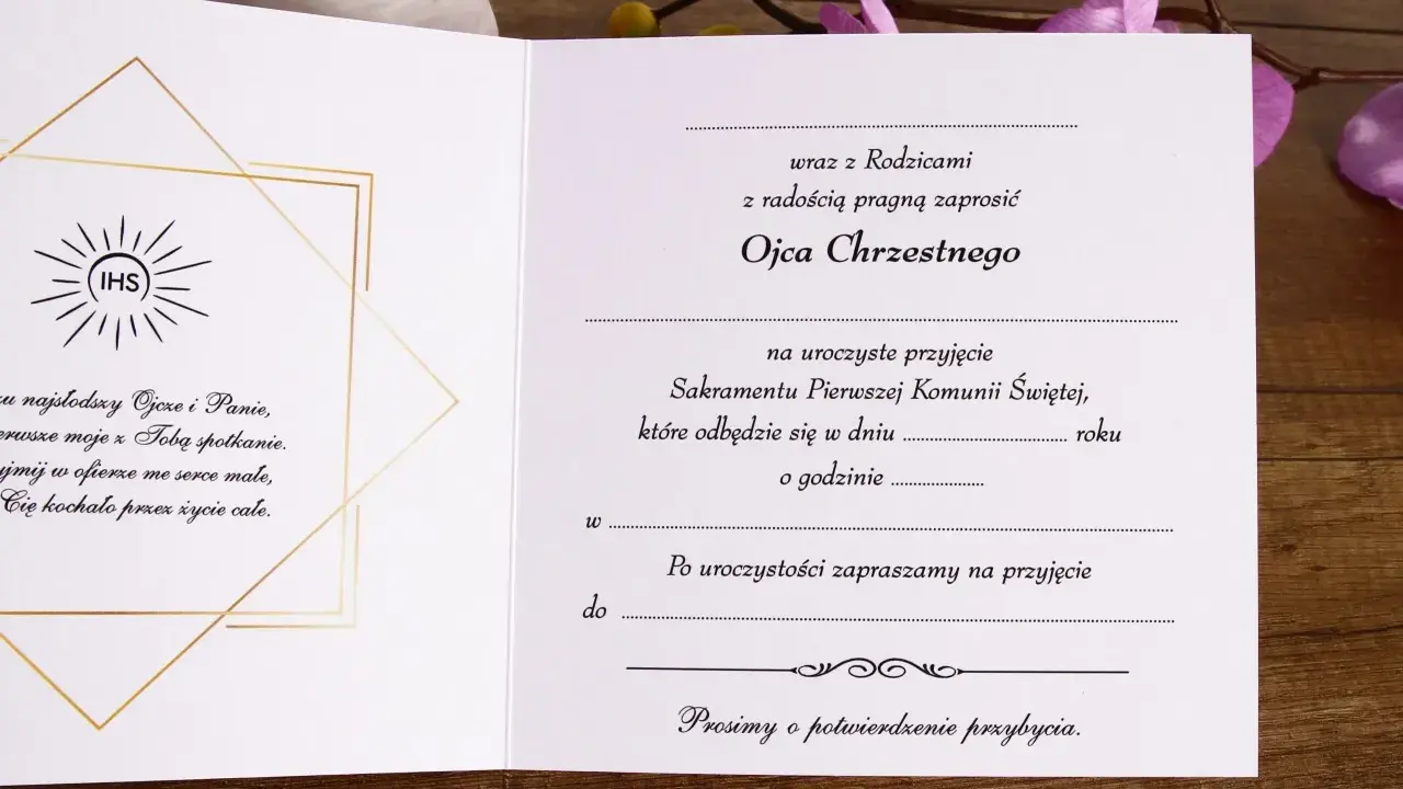Zaproszenie na chrzciny tekst: zaproszenie na uroczyste przyjęcie Sakramentu Pierwszej Komunii Świętej, z prośbą o potwierdzenie przybycia.