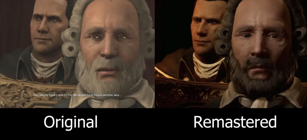 Porównanie grafiki z Assassin's Creed 3: oryginalna wersja i remaster. Widać poprawę detali twarzy i oświetlenia.