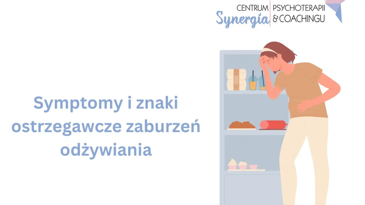 Kobieta z bólem brzucha i głowy stoi przed otwartą lodówką pełną jedzenia.