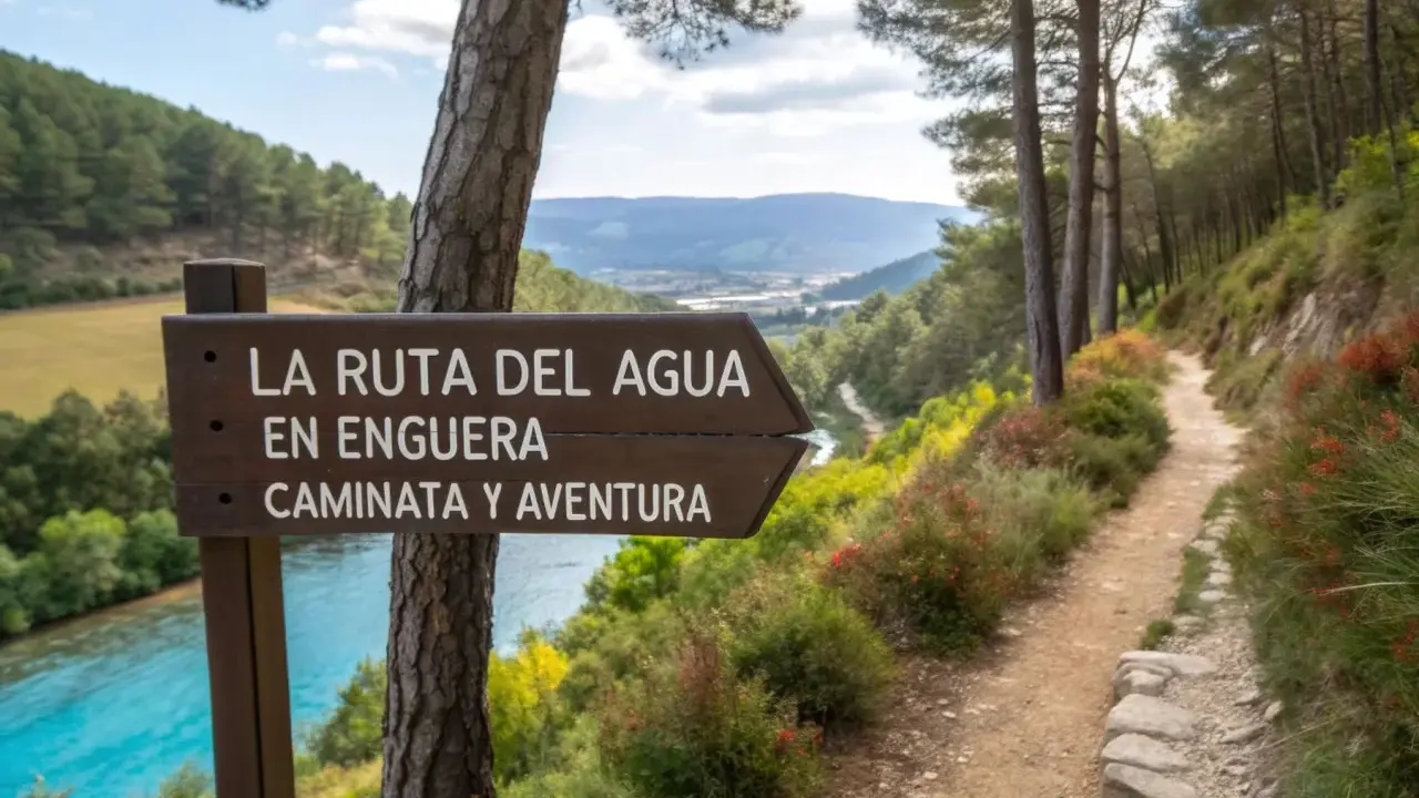 Cartel de "La Ruta del Agua en Enguera" indica un sendero para caminata y aventura junto a un río turquesa y un bosque frondoso.