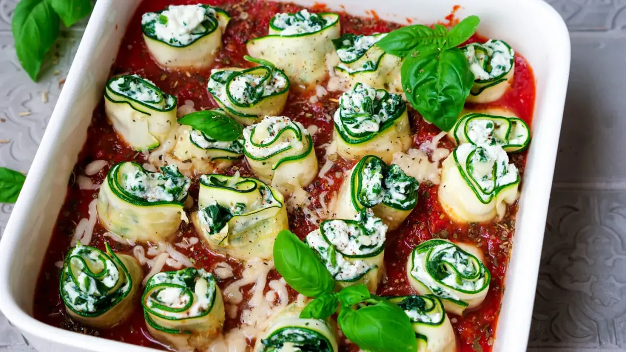 Zucchini-Cannelloni mit Ricotta-Spinat-Füllung in Tomatensauce, garniert mit frischem Basilikum.